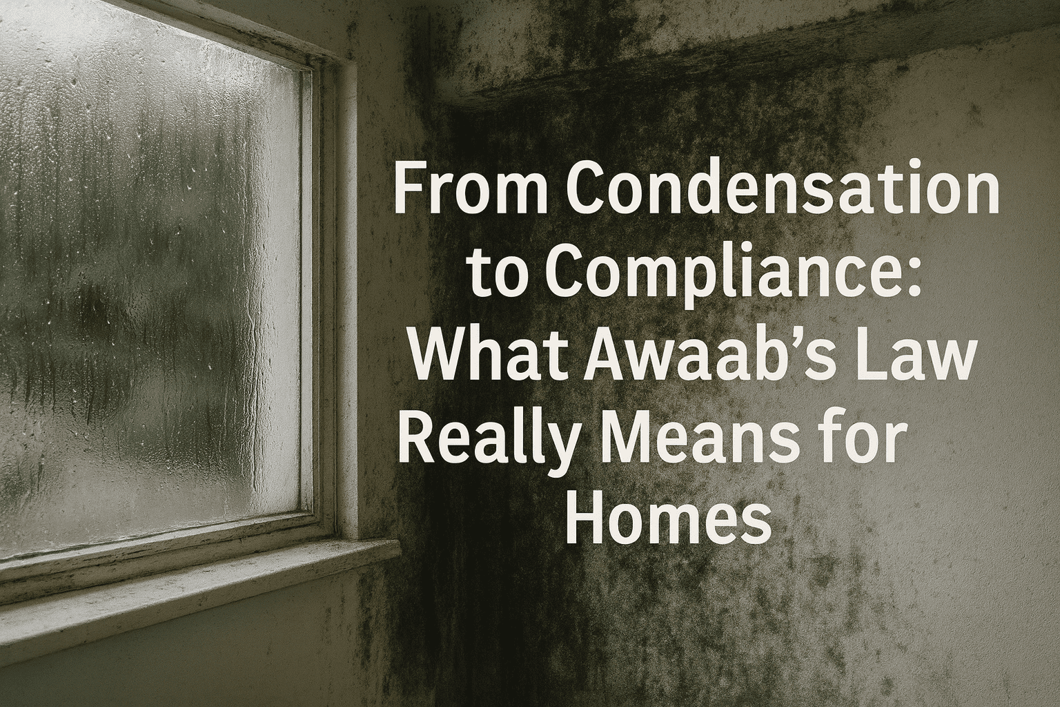 Condensation on window and severe mould growth on wall, illustrating housing conditions linked to Awaab’s Law and the need for compliance and safe homes standards