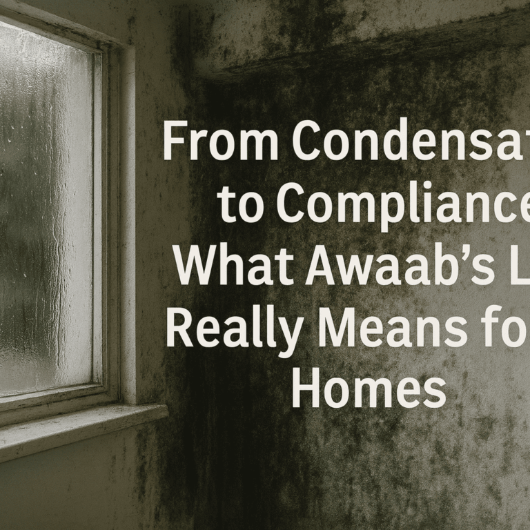 Condensation on window and severe mould growth on wall, illustrating housing conditions linked to Awaab’s Law and the need for compliance and safe homes standards