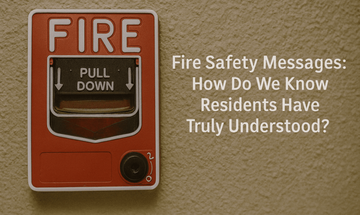 Close-up of a fire alarm pull station on a wall, representing fire safety communication and the importance of residents understanding emergency procedures