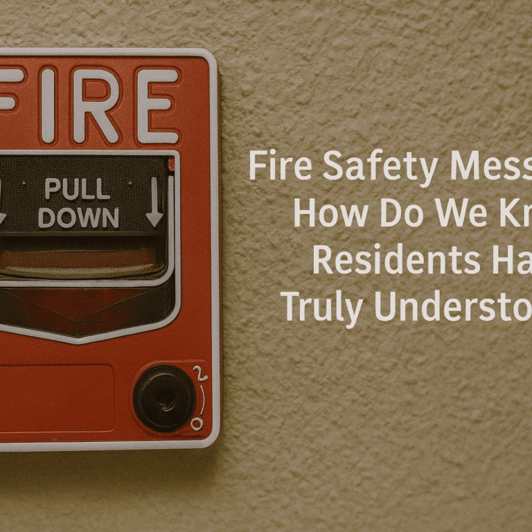 Close-up of a fire alarm pull station on a wall, representing fire safety communication and the importance of residents understanding emergency procedures