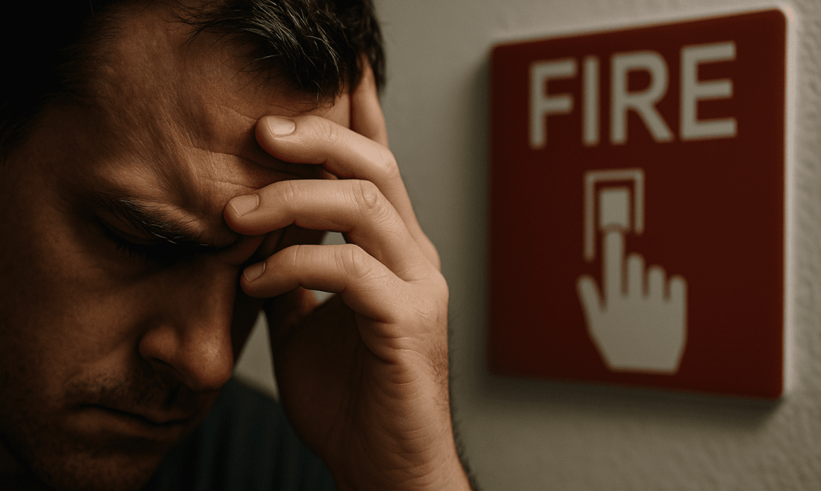 Person holding their head in distress next to a fire alarm sign, representing confusion and anxiety about fire safety understanding in housing