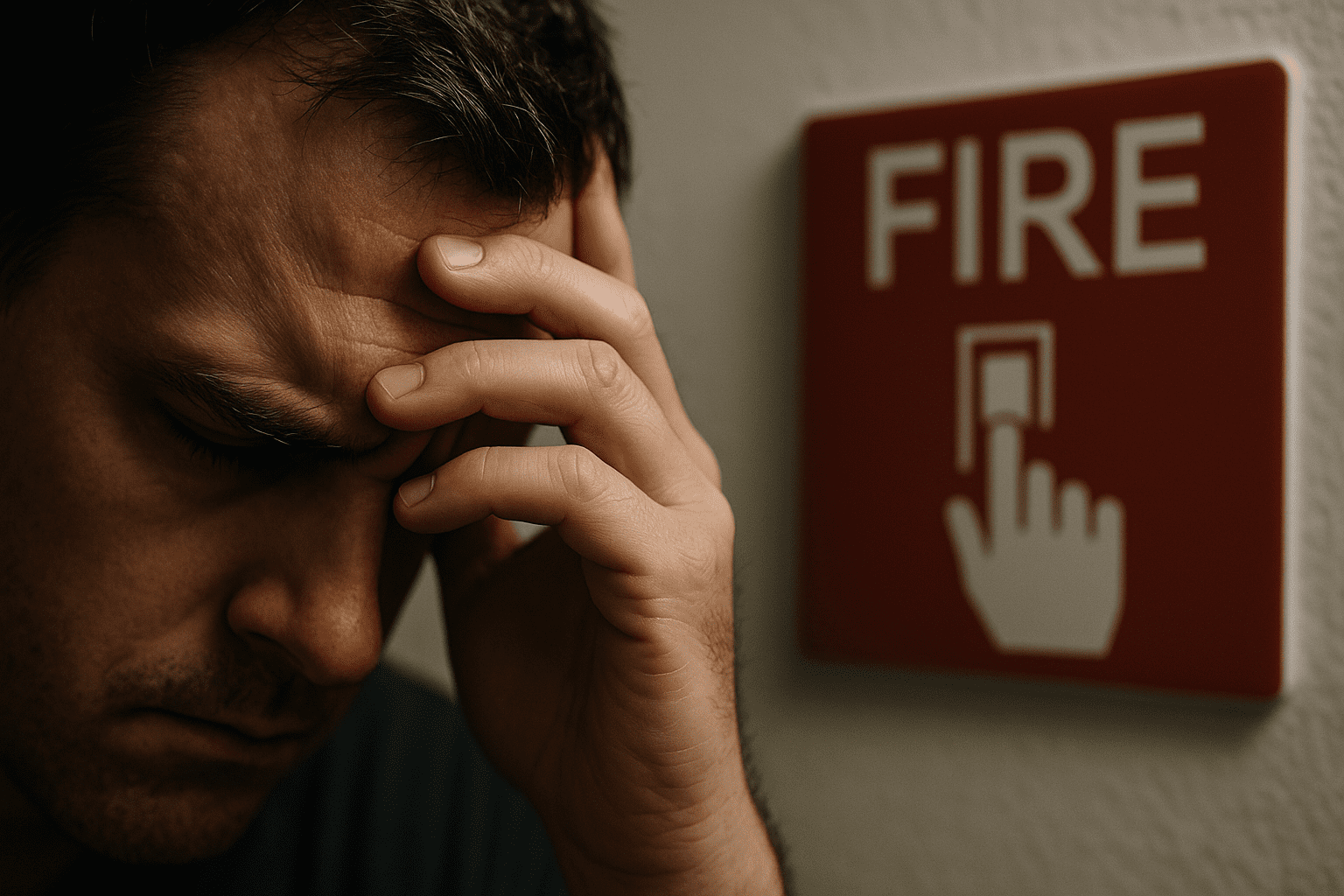 Person holding their head in distress next to a fire alarm sign, representing confusion and anxiety about fire safety understanding in housing