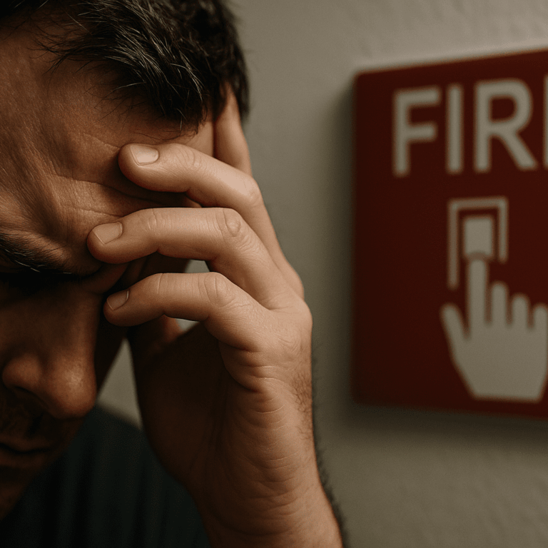 Person holding their head in distress next to a fire alarm sign, representing confusion and anxiety about fire safety understanding in housing