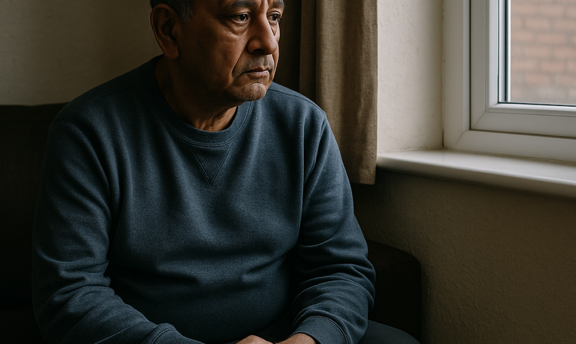 Man sitting by a window looking concerned, representing the emotional impact of housing issues such as damp, mould, or safety concerns on residents