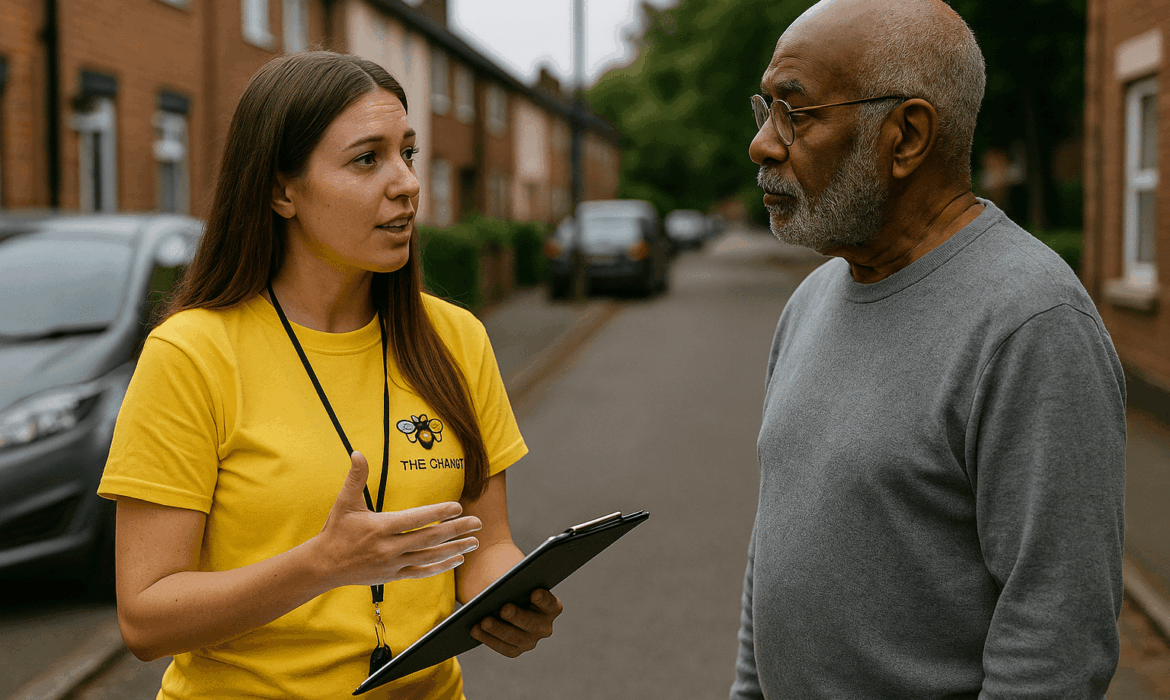 A Bee The Change facilitator in a yellow t-shirt talks with an older resident on a residential street, holding a tablet to record insights. The conversation appears calm and respectful, illustrating direct engagement with residents in their own community.