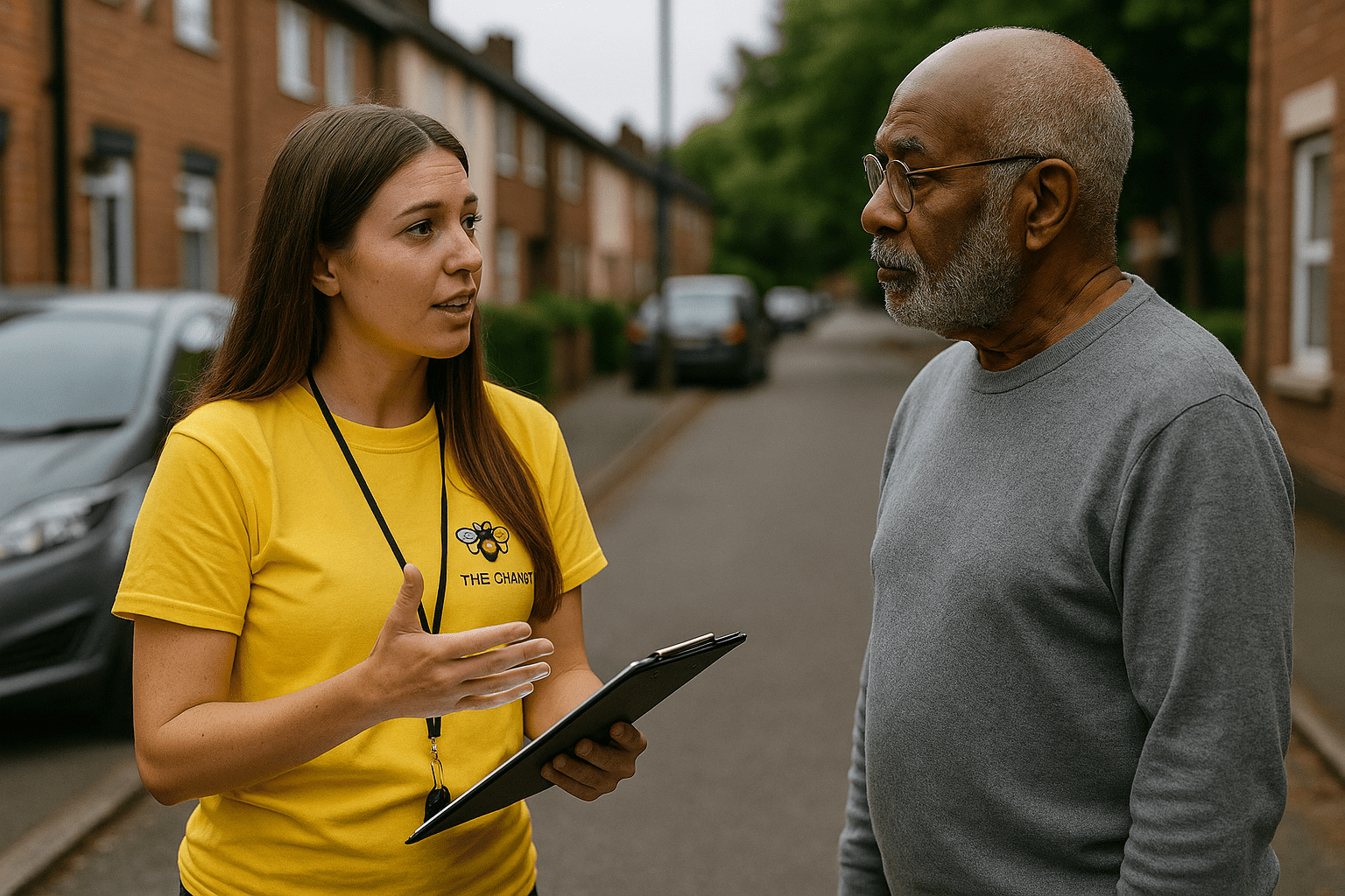 A Bee The Change facilitator in a yellow t-shirt talks with an older resident on a residential street, holding a tablet to record insights. The conversation appears calm and respectful, illustrating direct engagement with residents in their own community.