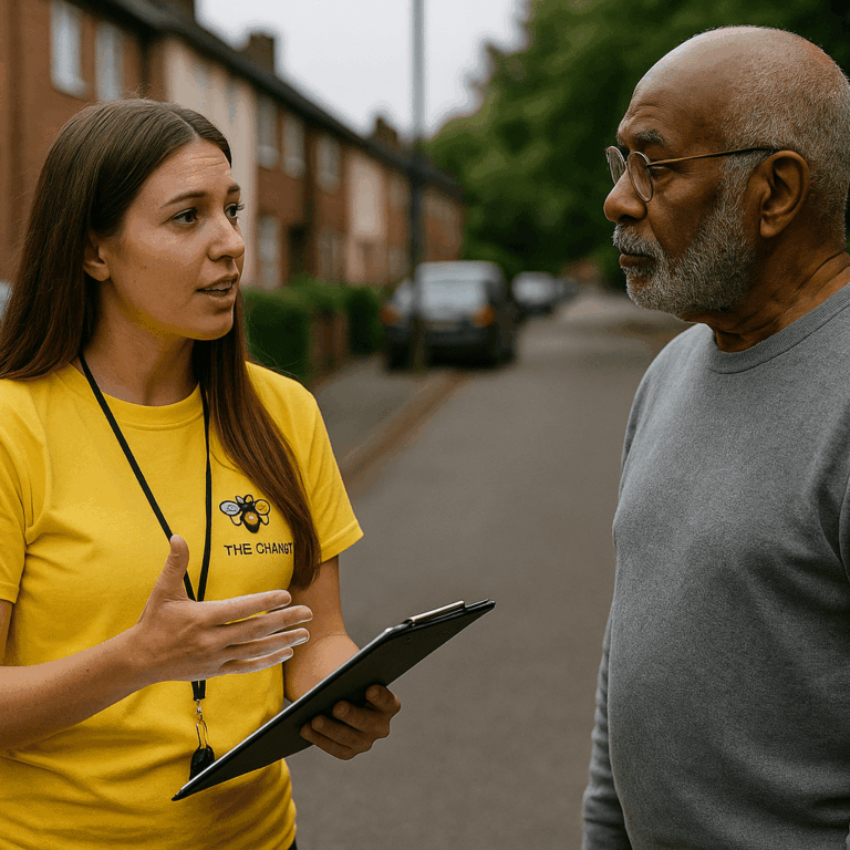 A Bee The Change facilitator in a yellow t-shirt talks with an older resident on a residential street, holding a tablet to record insights. The conversation appears calm and respectful, illustrating direct engagement with residents in their own community.