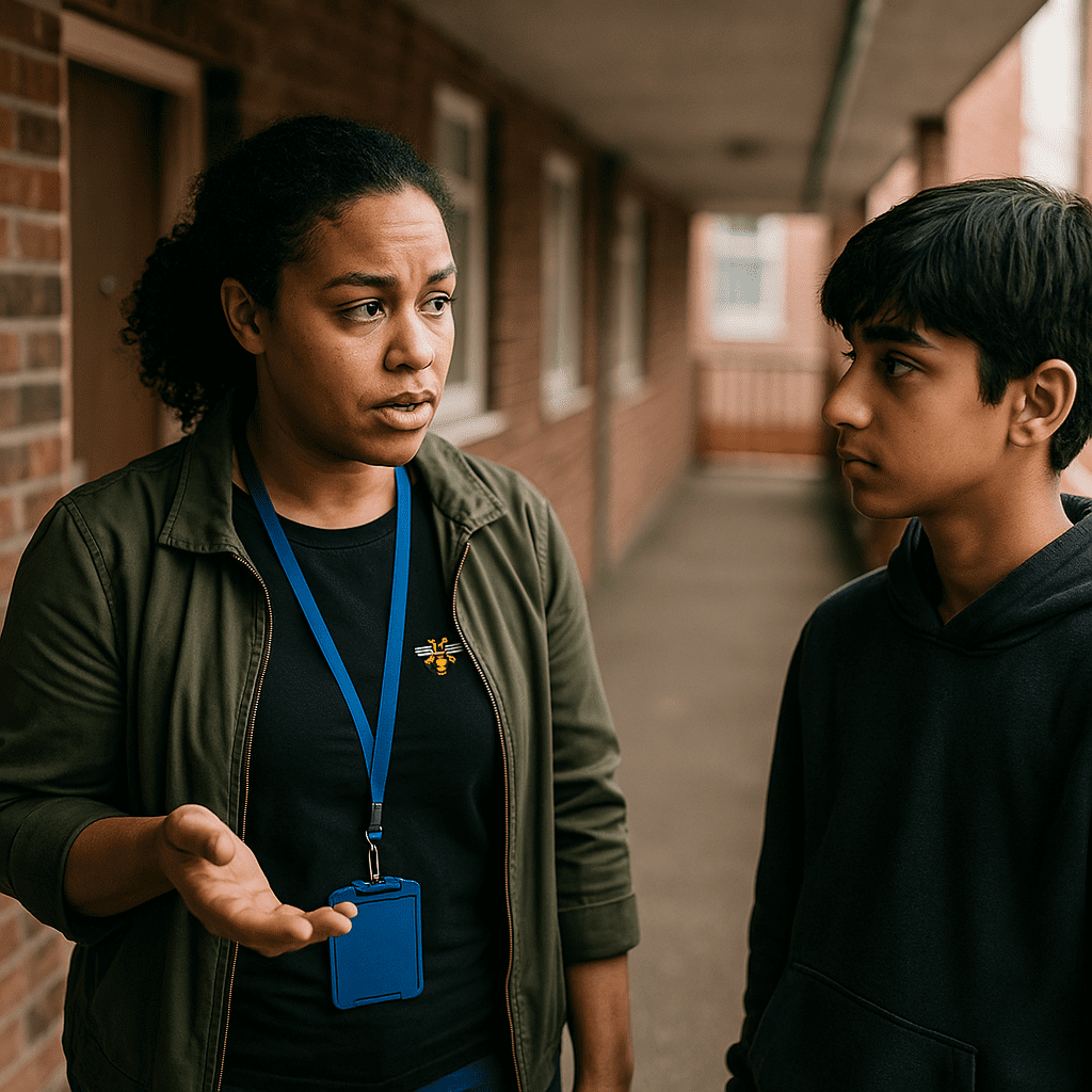 A facilitator wearing a Bee The Change badge engages in conversation with a young resident in a housing corridor. The facilitator gestures with an open hand, creating a supportive and approachable interaction, while the young person listens, reflecting trust and meaningful engagement.
