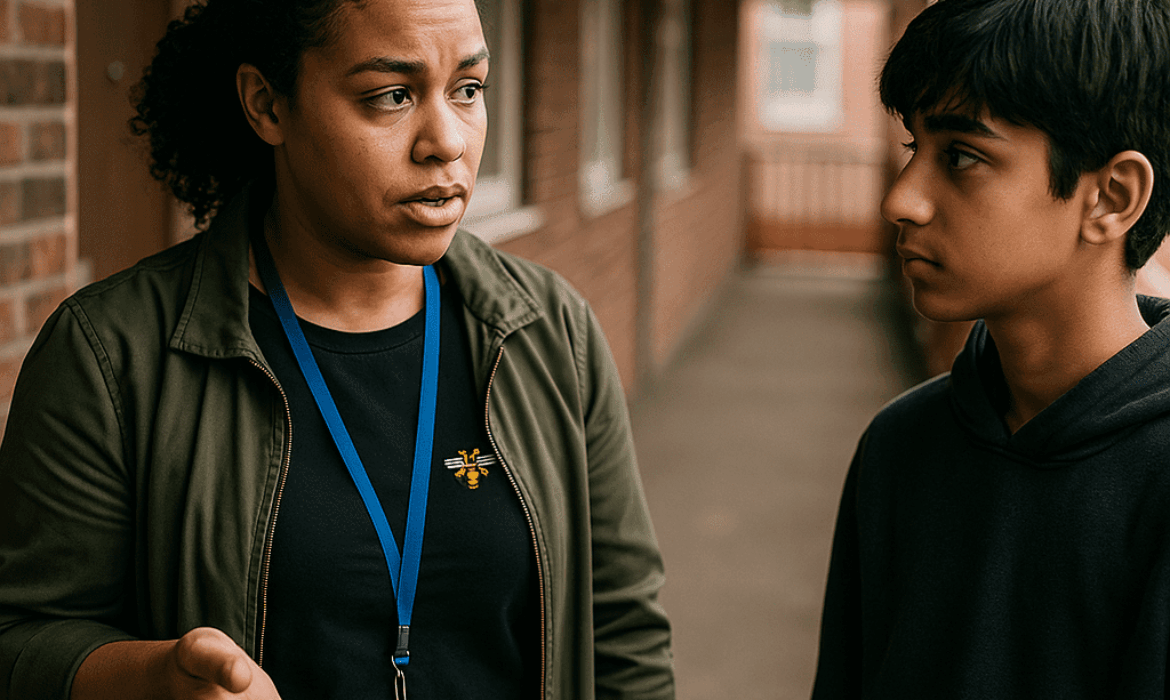 A facilitator wearing a Bee The Change badge engages in conversation with a young resident in a housing corridor. The facilitator gestures with an open hand, creating a supportive and approachable interaction, while the young person listens, reflecting trust and meaningful engagement.
