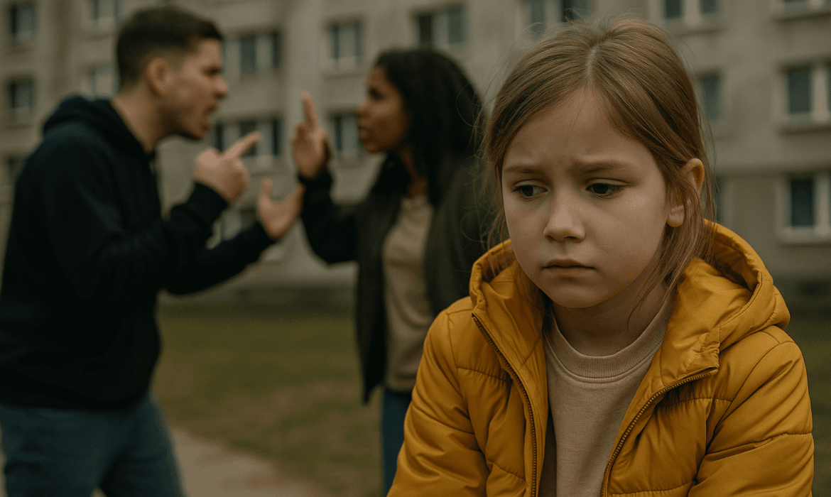 A young child wearing a coat looks down with a concerned expression while standing outdoors. In the background, two adults argue, gesturing angrily. The scene reflects the often-overlooked emotional impact of anti-social behaviour on children and the importance of recognising and responding to young voices in these situations.