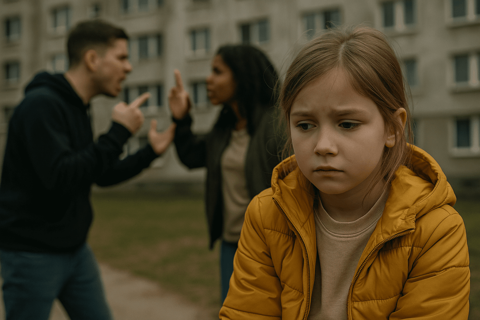 A young child wearing a coat looks down with a concerned expression while standing outdoors. In the background, two adults argue, gesturing angrily. The scene reflects the often-overlooked emotional impact of anti-social behaviour on children and the importance of recognising and responding to young voices in these situations.