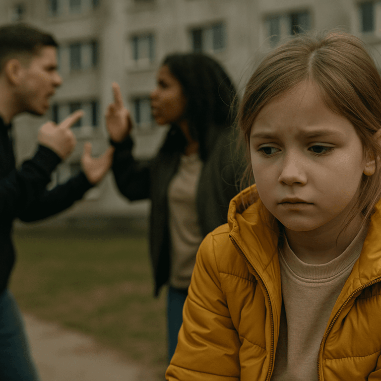 A young child wearing a coat looks down with a concerned expression while standing outdoors. In the background, two adults argue, gesturing angrily. The scene reflects the often-overlooked emotional impact of anti-social behaviour on children and the importance of recognising and responding to young voices in these situations.