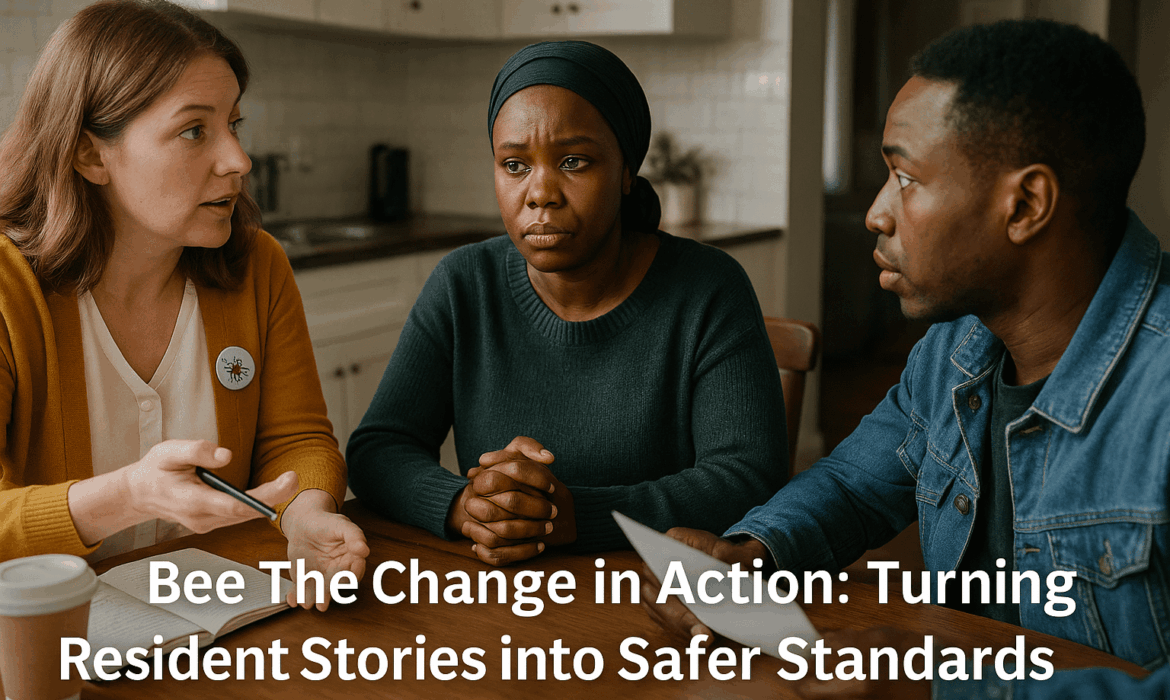 A facilitator sits with two residents around a table in a home setting, guiding a focused and respectful discussion. The residents listen and respond thoughtfully, sharing their experiences. The scene represents how Bee The Change uses facilitated conversations to turn resident stories into actionable insights that inform safer standards and service improvements.