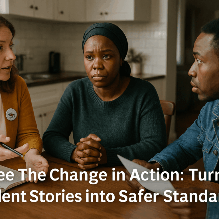 A facilitator sits with two residents around a table in a home setting, guiding a focused and respectful discussion. The residents listen and respond thoughtfully, sharing their experiences. The scene represents how Bee The Change uses facilitated conversations to turn resident stories into actionable insights that inform safer standards and service improvements.