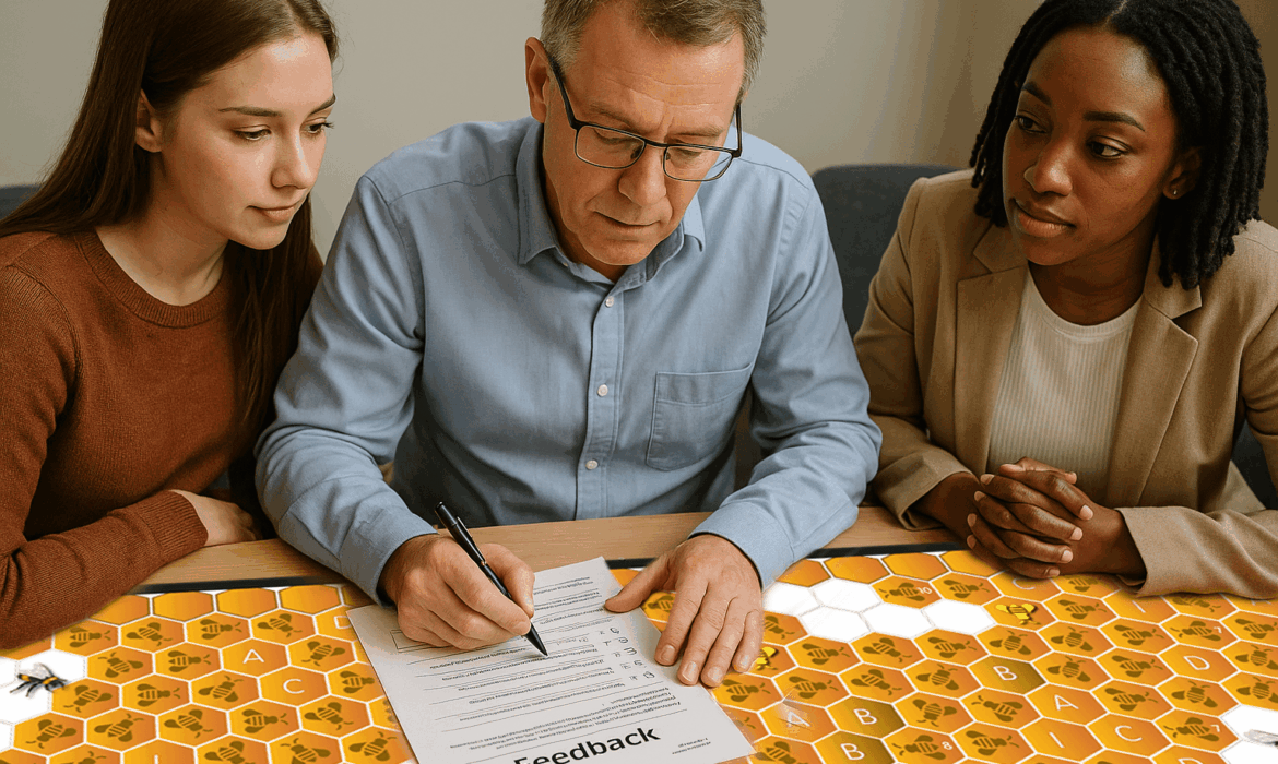 A small group of people sit around a table with a Bee The Change board featuring a honeycomb design. One person completes a feedback form while others observe and contribute. The setting reflects a structured yet inclusive engagement approach where resident voice is captured through facilitated discussion and translated into meaningful influence.