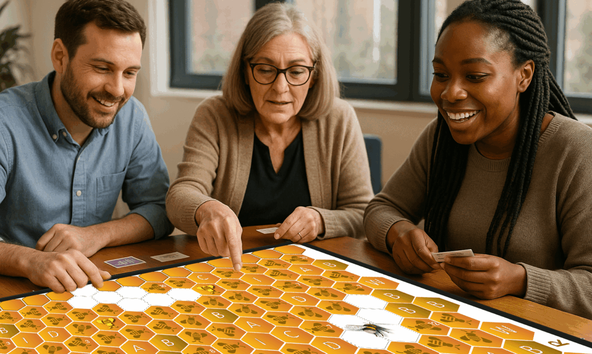 A diverse group of adults sit around a table playing a Bee The Change board game designed with a honeycomb pattern. They point to different sections of the board and smile as they interact, demonstrating how gamified consultation can create a relaxed environment for facilitated discussions and help uncover silent or underrepresented voices.