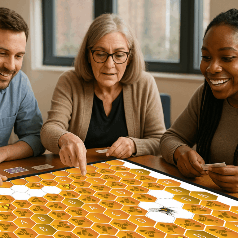 A diverse group of adults sit around a table playing a Bee The Change board game designed with a honeycomb pattern. They point to different sections of the board and smile as they interact, demonstrating how gamified consultation can create a relaxed environment for facilitated discussions and help uncover silent or underrepresented voices.